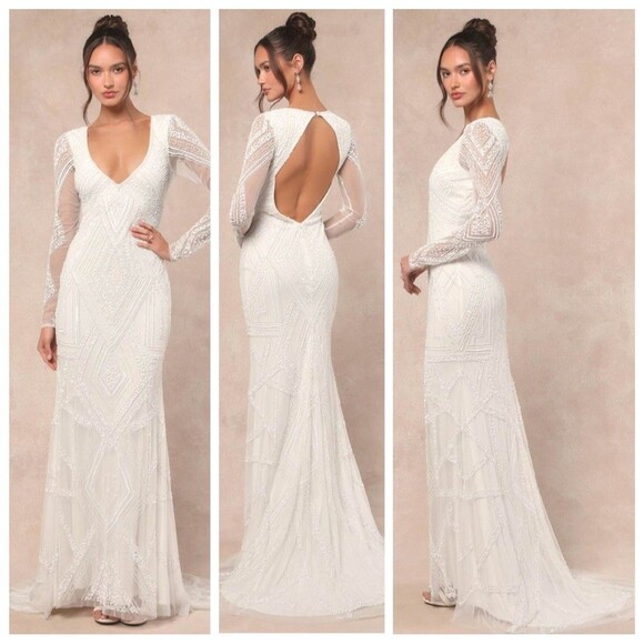 Lulus Deedra White Sequin Beaded Backless Maxi Dress Size XL NWT Bridal Wedding - Picture 1 of 8